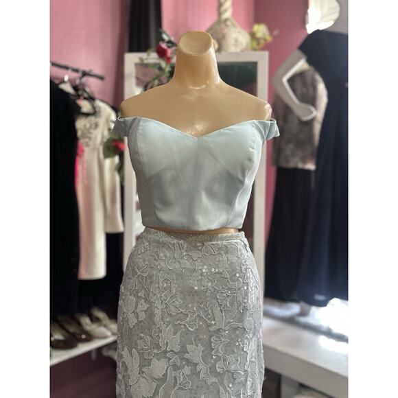 Ellie Wilde by Mon Cheri 2 pc Prom Dress Set Cropped Blue Lace Shimmer M - Picture 3 of 12